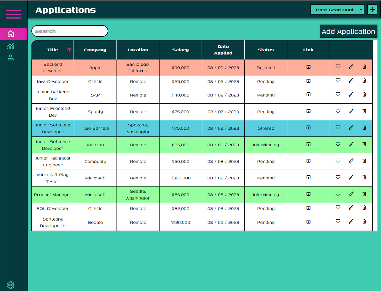 job hunt tracker main view